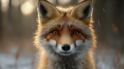 Fototapeta premium A close-up view of a fox in a snowy forest during early morning light showcasing its vibrant fur and captivating eyes