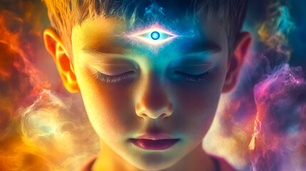 Fototapeta premium Young boy opening his third eye with psychedelic colors