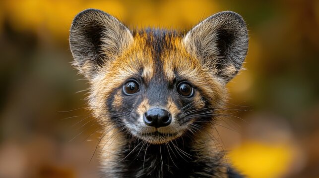 A close-up of a playful young olingo captured in its natural habitat during autumn foliage