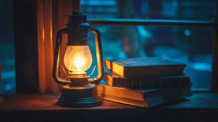 A kerosene lamp illuminates books, creating an atmosphere of magical reading.