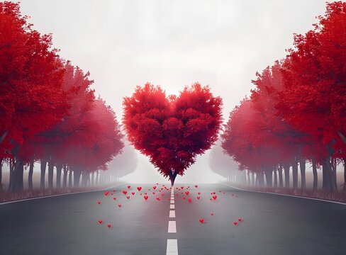 Heart Shaped Tree on Road with Red Trees