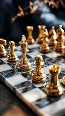Elegant Golden Chess Pieces on a Marble Board