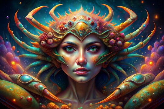 A mesmerizing fantasy portrait of a sea queen adorned with intricate, crab-like armor. Perfect for fantasy, mythology, or character design projects.