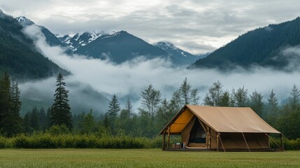Fototapeta premium A large brown tent sits on a grassy field, surrounded by trees and mountains. Fog and clouds fill the sky behind it.