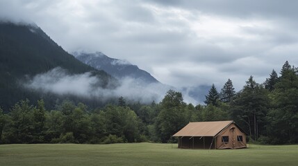 A large brown tent sits on a grassy field, surrounded by trees and mountains.  Fog and clouds fill the sky behind it.