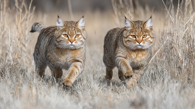 Two bobcats walking side by side through tall grass in a serene natural landscape during the golden hour of early evening - Powered by Adobe