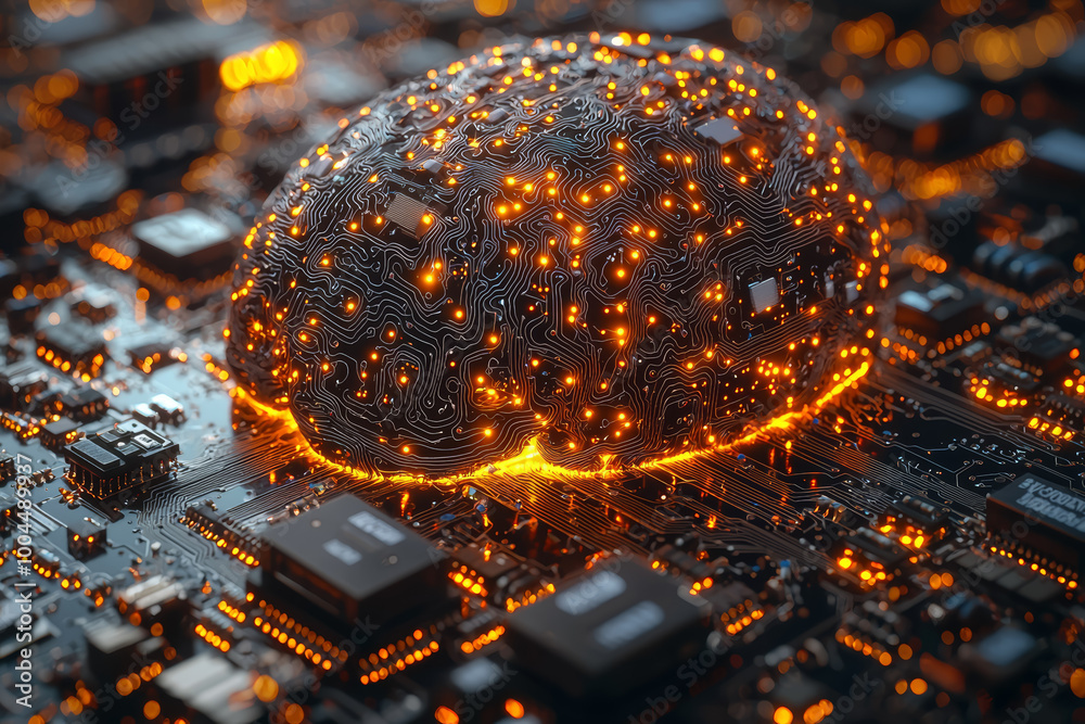 Poster a brain made of interconnected lights, blending seamlessly with a computer circuit board. concept of