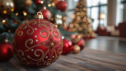 Beautifully decorated Christmas ornaments with intricate designs enhance the festive ambiance of a warmly lit room featuring a stunning Christmas tree