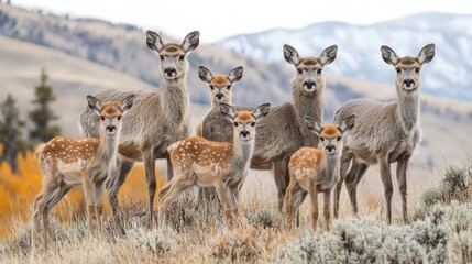 A group of seven deer, including several fawns, foraging in a picturesque meadow during autumn in a mountainous landscape