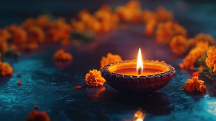 Elegant Happy Diwali banner featuring a glowing oil lamp and marigold garlands.