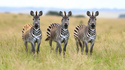 Fototapeta premium A group of three zebras standing together on a grassy plain in the African savanna during midday light