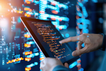 Data scientist engaged in programming on a tablet device. AI and cybersecurity innovation classes.