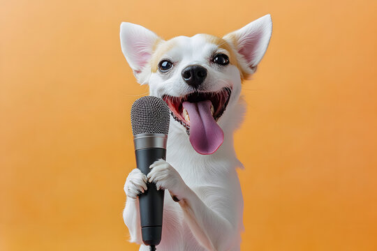 Funny cute dog sing a song and holding microphone isolated on pastel background.