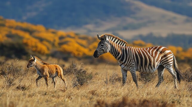 A zebra and its foal grazing peacefully in a golden grassland during sunset in a serene wildlife setting