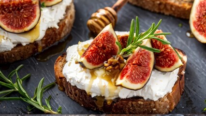 Toasts with caramelized onions, goat cheese, thyme, honey and figs. A delicious snack, ideal as an aperitif.