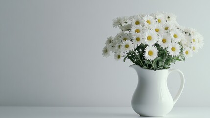 A lovely bunch of white asters sits in a white pitcher against a plain white wall.