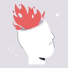 Tired and burnout concept, feels negative emotions, stress and anxiety. Burning mind, annoyed person with mental health problems, nervous breakdown, flat vector graphic illustration on grey background