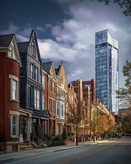 Fototapeta premium Captivating cityscape showcasing a dynamic blend of classical and modern architectural styles featuring quaint brick row houses intricate cast iron detailing