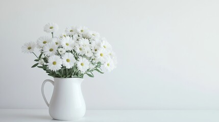 Fototapeta premium A lovely bunch of white asters sits in a white pitcher against a plain white wall.
