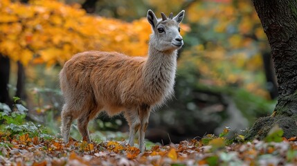 A young deer stands gracefully among vibrant autumn leaves in a tranquil forest setting during late afternoon