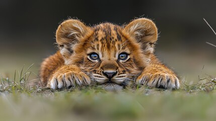 Obraz premium A young lion cub resting on the grass, showcasing its striking blue eyes and playful demeanor in a serene natural habitat