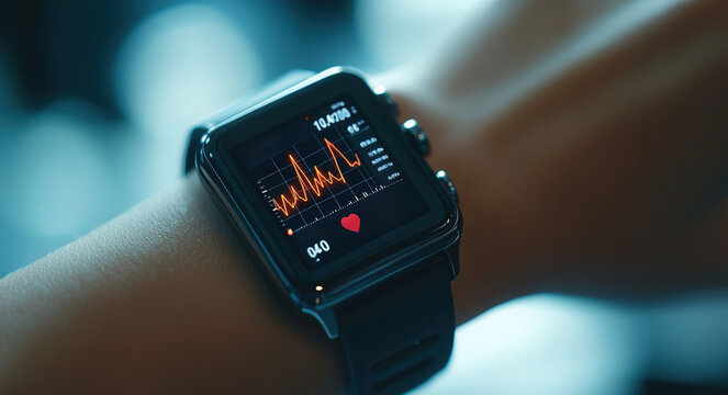 Smartwatch close-up showing heart rate during a fitness tracking session - Powered by Adobe