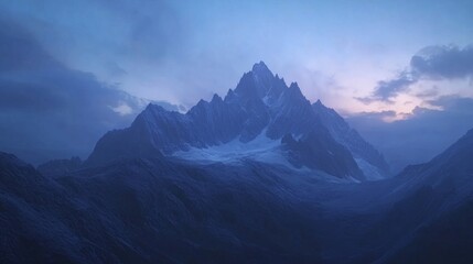 Obraz premium A majestic, dark blue-gray mountain rises against the twilight sky. Its rocky slopes and peaks stand out against the fading light. This 3D rendering captures the beauty of a mountainous landscape.