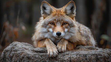 Fototapeta premium A coyote rests on a rock in a forest, showcasing its striking features and alert expression during a calm autumn afternoon