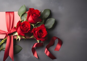 Fototapeta premium Red Roses with Ribbon and Gift Box on Grey Background