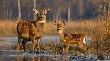 Two spotted deer stand together by a serene lake surrounded by tall grass during early morning light in a tranquil ecosystem
