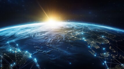 A digital Earth with bright light pathways, symbolizing international technological connections, copy space