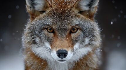 Fototapeta premium A close-up view of a coyote in a snowy landscape showcasing its intense gaze during a winter day