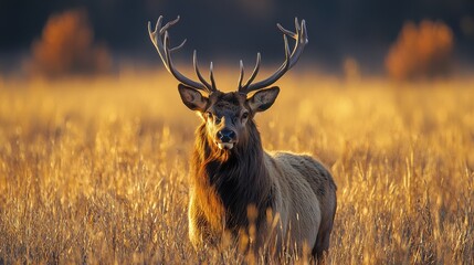 Majestic elk standing tall in a sunlit golden field during autumn in North America, showcasing its impressive antlers and natural habitat
