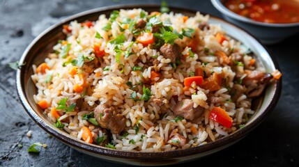 Zimbabwean peanut butter rice, a traditional dish cooked with peanut butter and served with a hearty meat stew, presented on a plate.