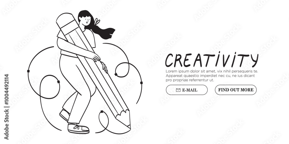 Poster woman is working on ui ux design project. designer drawing sketch in vector program with big pencil.