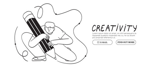 Man is working on ui ux design project. Designer drawing sketch in vector program with big pencil. Character illustration for design online classes or seminar banner, ads, landing page, application.