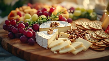 A round wooden board filled with sliced cheese, grapes, walnuts, and crackers.