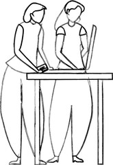 Two women shopping online with laptop