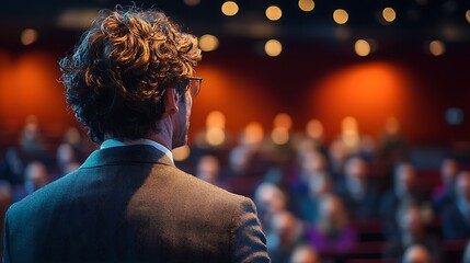 A business speaker addresses the audience, poised and professional as the room listens.