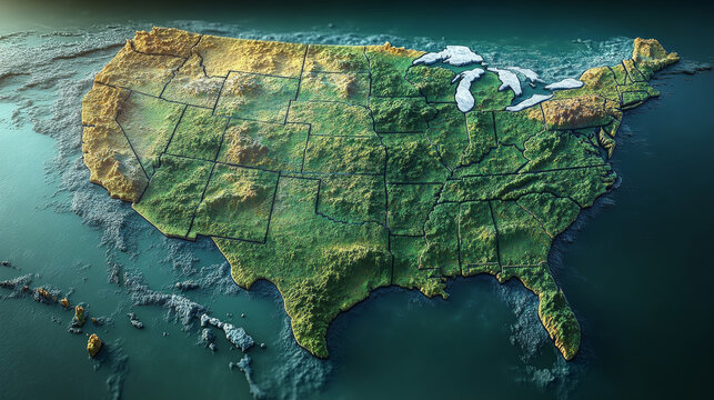 A 3D topographic map of the United States, with state borders outlined in black.