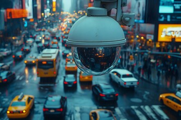 Fototapeta premium Security Camera Looking Over Traffic in Busy City