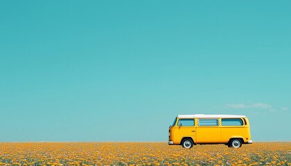 A vibrant yellow van parked in a blooming field under a clear blue sky, capturing the essence of freedom and adventure.