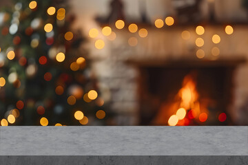 Christmas background of marble table top with abstract warm living room decor with christmas tree string light blur bokeh with snow, Holiday backdrop, panoramic Mock up banner for display of product