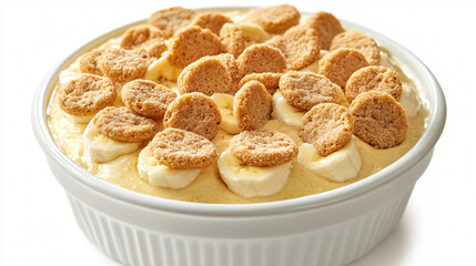 A rich and creamy banana pudding topped with vanilla wafers.
