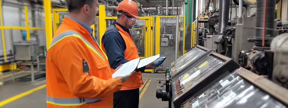 Workers in safety gear conduct equipment checks inside a manufacturing plant during daytime operations
