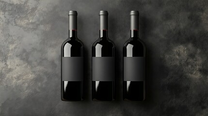 Three Wine Bottles with Black Labels on Textured Background