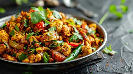 A tantalizing plate of traditional Sri Lankan kottu, featuring chopped roti stir-fried with a medley of fresh vegetables and succulent chicken pieces. A true delight for the senses.