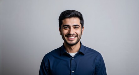 Obraz premium Smiling young Middle Eastern male with a larger frame in studio portrait on minimal white backdrop