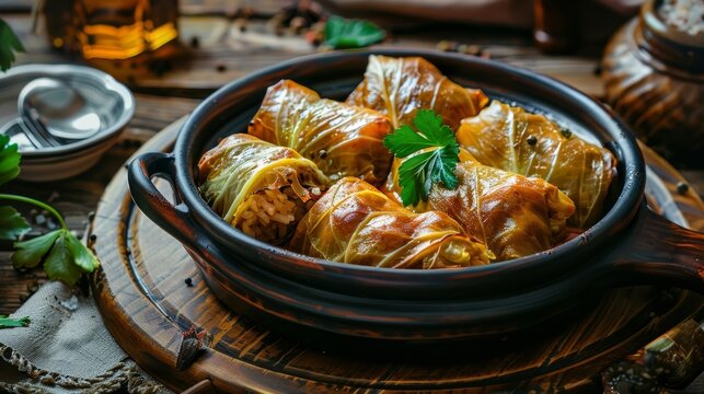 A traditional Romanian dish of sarmale - savory cabbage rolls stuffed with minced meat and rice, served in a rustic clay dish.
