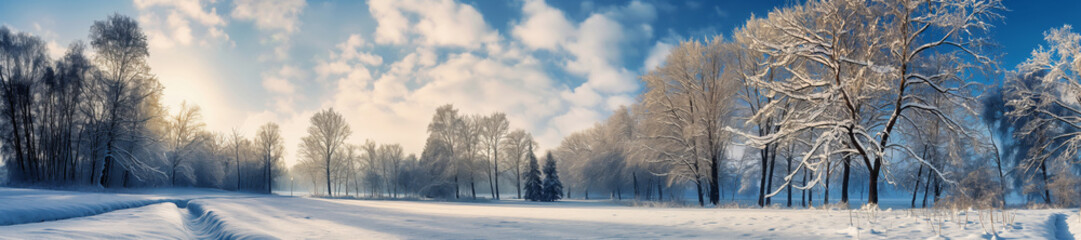 Obraz premium Sunny winter landscape with snow covered trees, panorama banner or background, frozen border frame